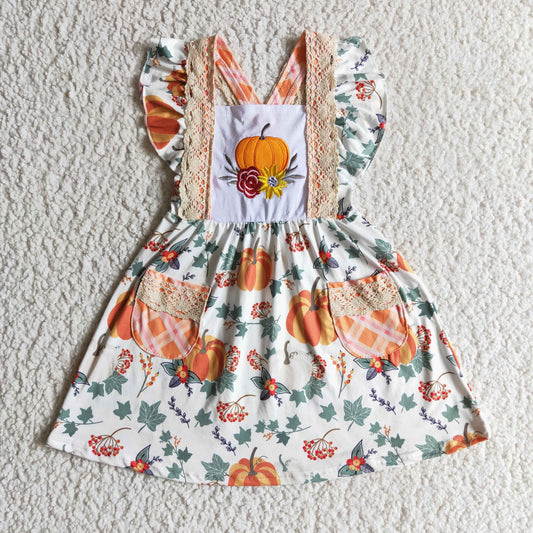 Girls punpkin embroidery pockets dress       GSD0146