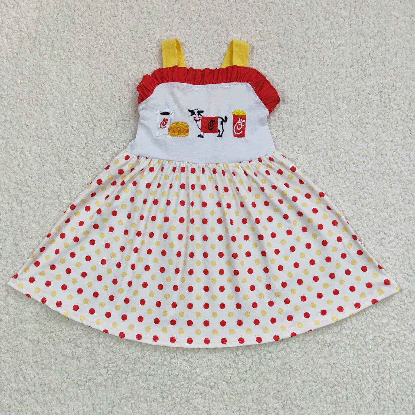 Girls sleeveless yellow bow red dots print dress    GSD0203