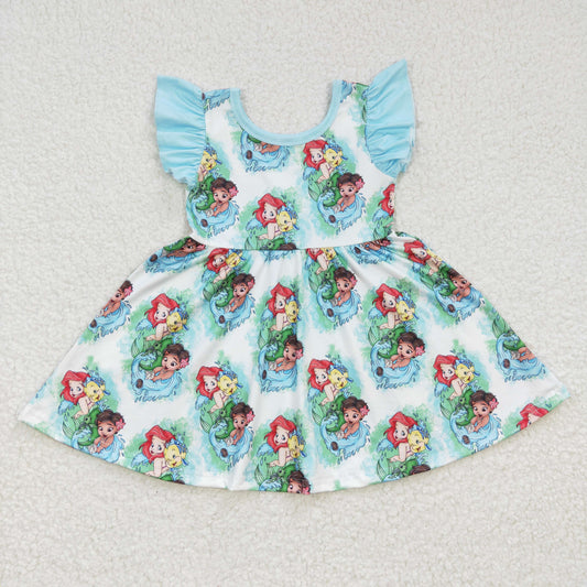 (Promotion)Flutter sleeves cartoon mermaid print summer dress    GSD0209