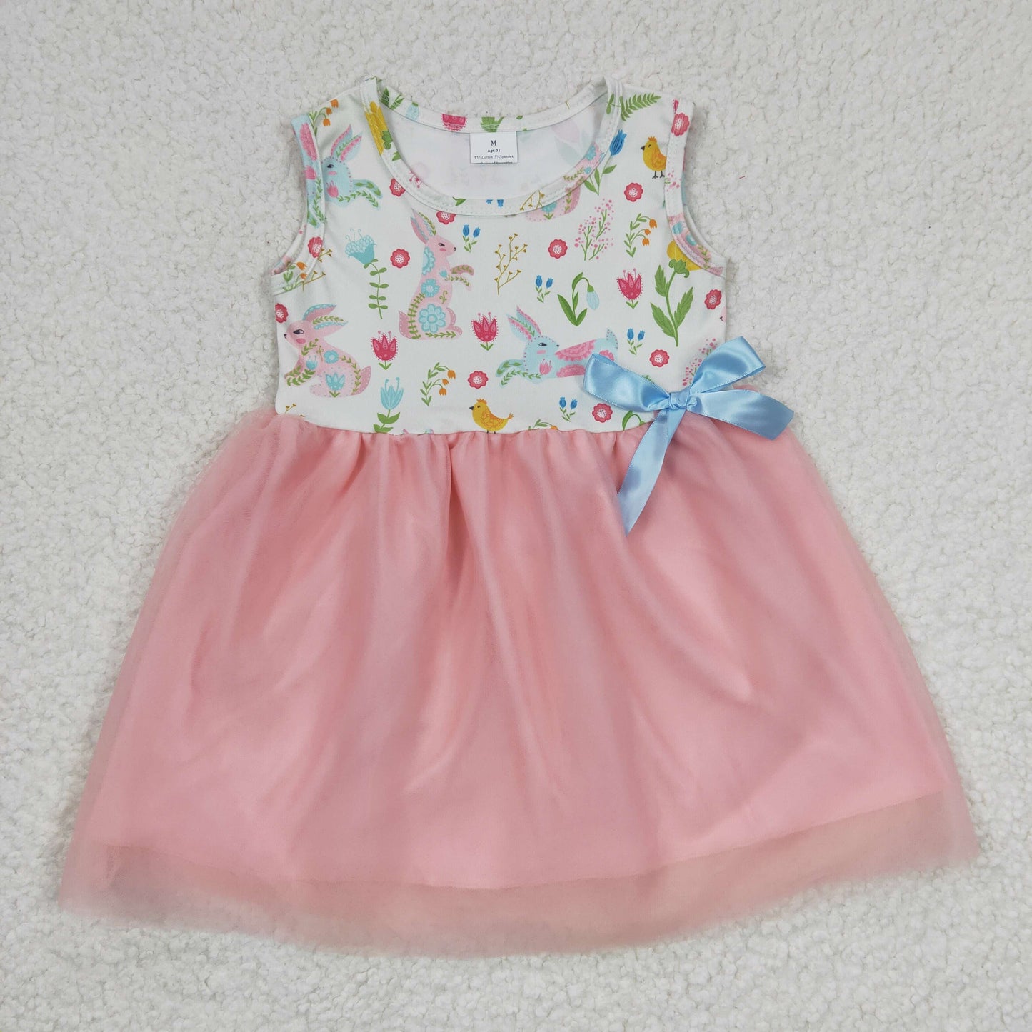 Girls sleeveless bunny print prink tulle Easter dress   GSD0238