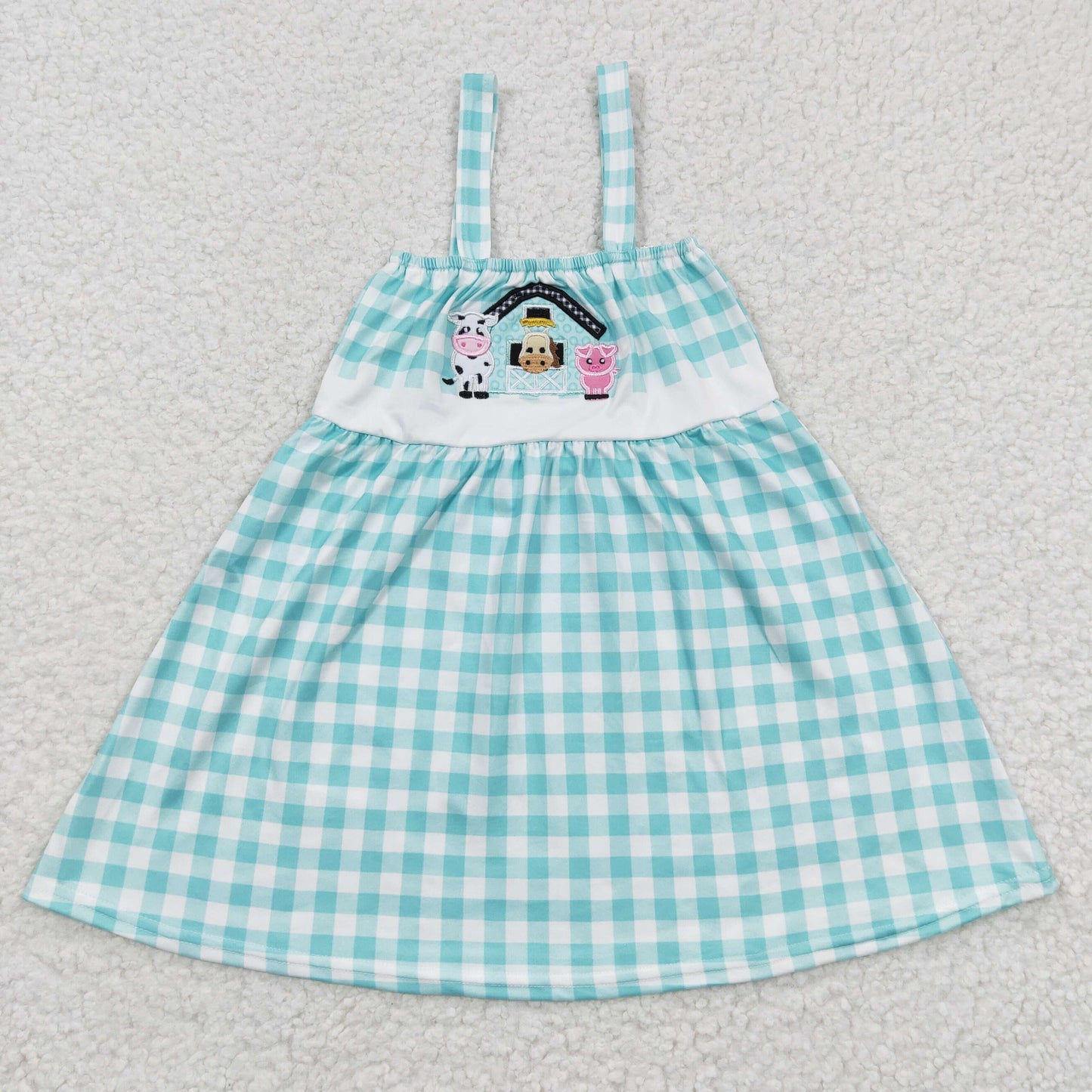 GSD0269 Girls blue plaids farm print embroidery summer dress