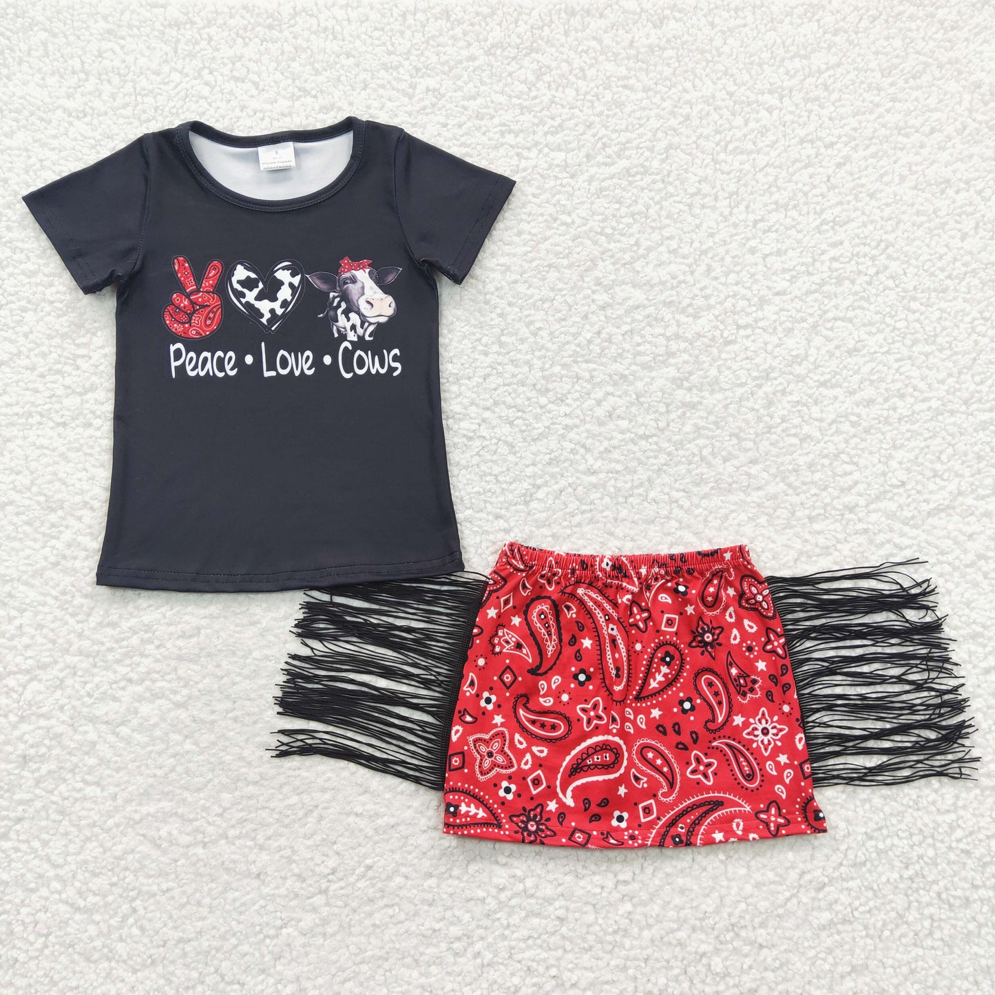 (Promotion)Girls peace love cow top & tassels skirts summer western outfits GSD0302