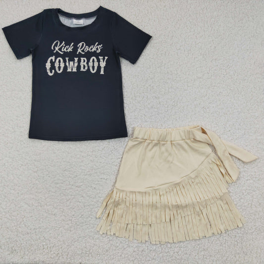 Cowboy black top Velvet fabric White Tassel Ruffle Skirts summer outfits GSD0304