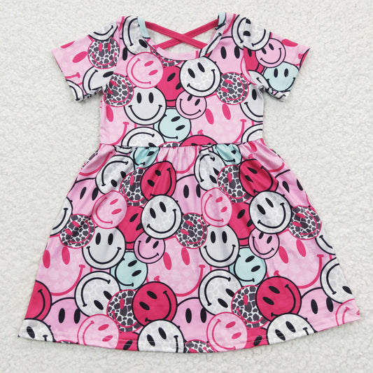 Girls pink smiling face print summer dress GSD0312