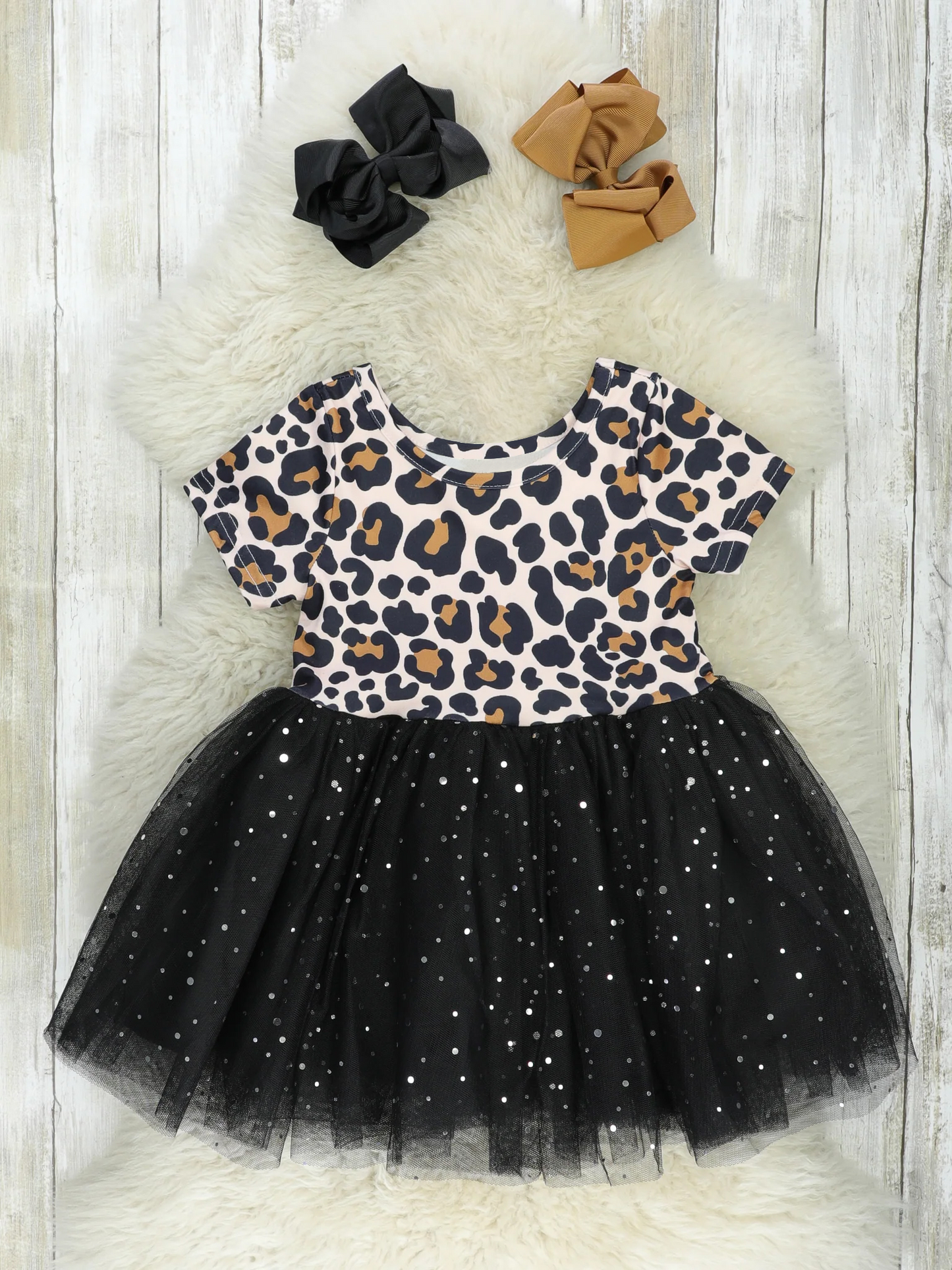 GSD0329 Girls leopard top black tulle dress