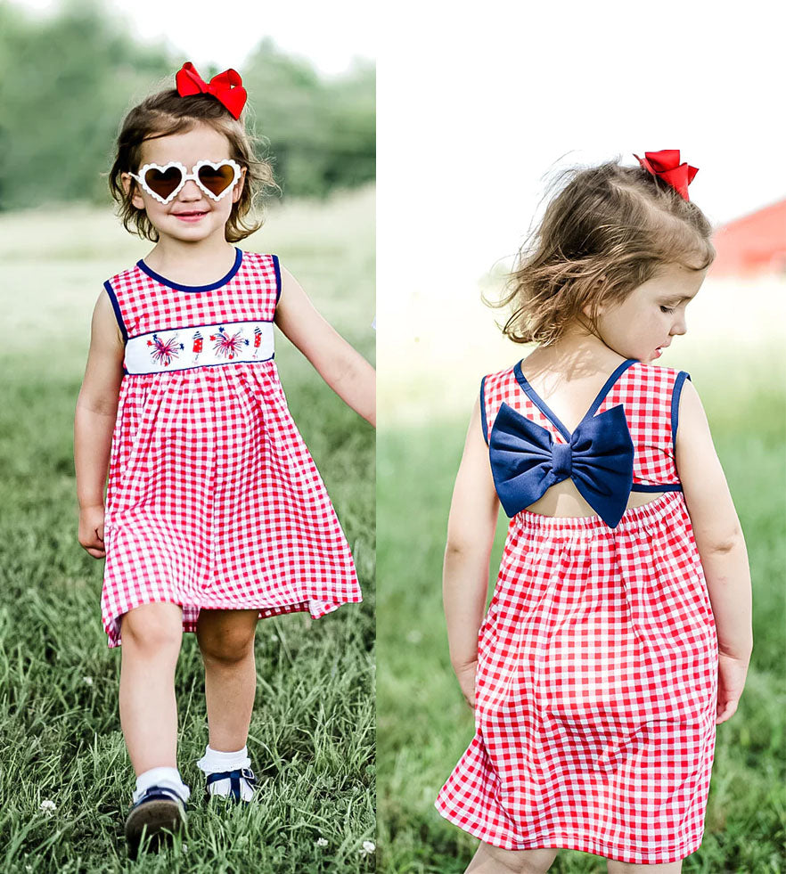 GSD0330 Girls embroidery 4th of July red plaid dress