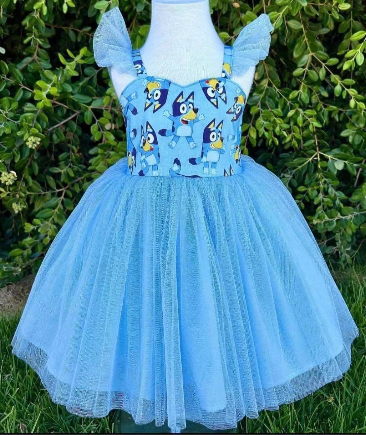 Flutter sleeves blue cartoon dog tutu girls summer twirl dress GSD0334