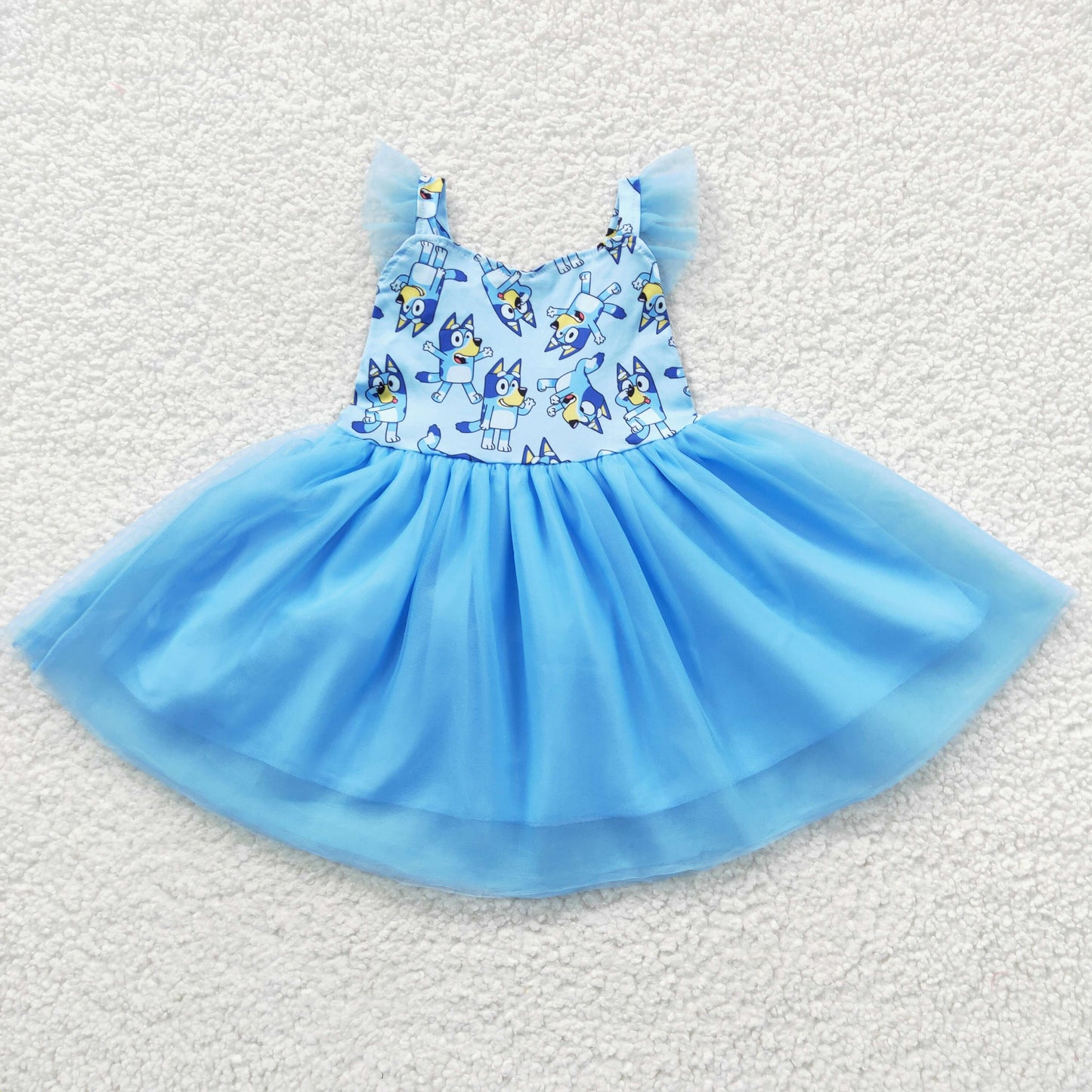 Flutter sleeves blue cartoon dog tutu girls summer twirl dress GSD0334