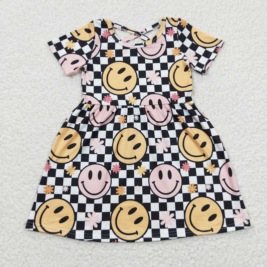 Girls black plaid smiling print summer dress GSD0336