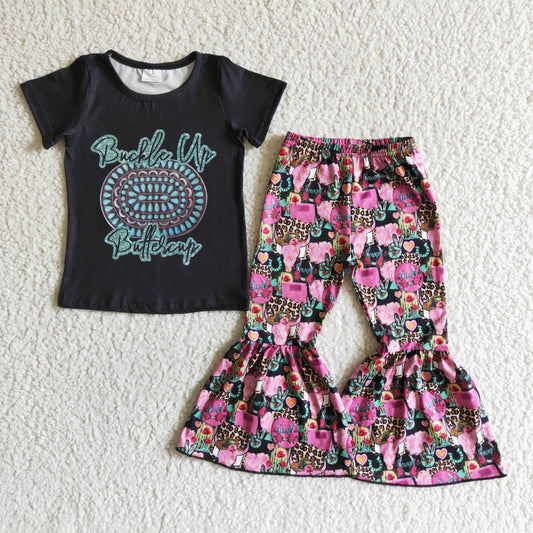 (Promotion)Short sleeve turquoise print bell bottom pants western outfits  GSPO0039