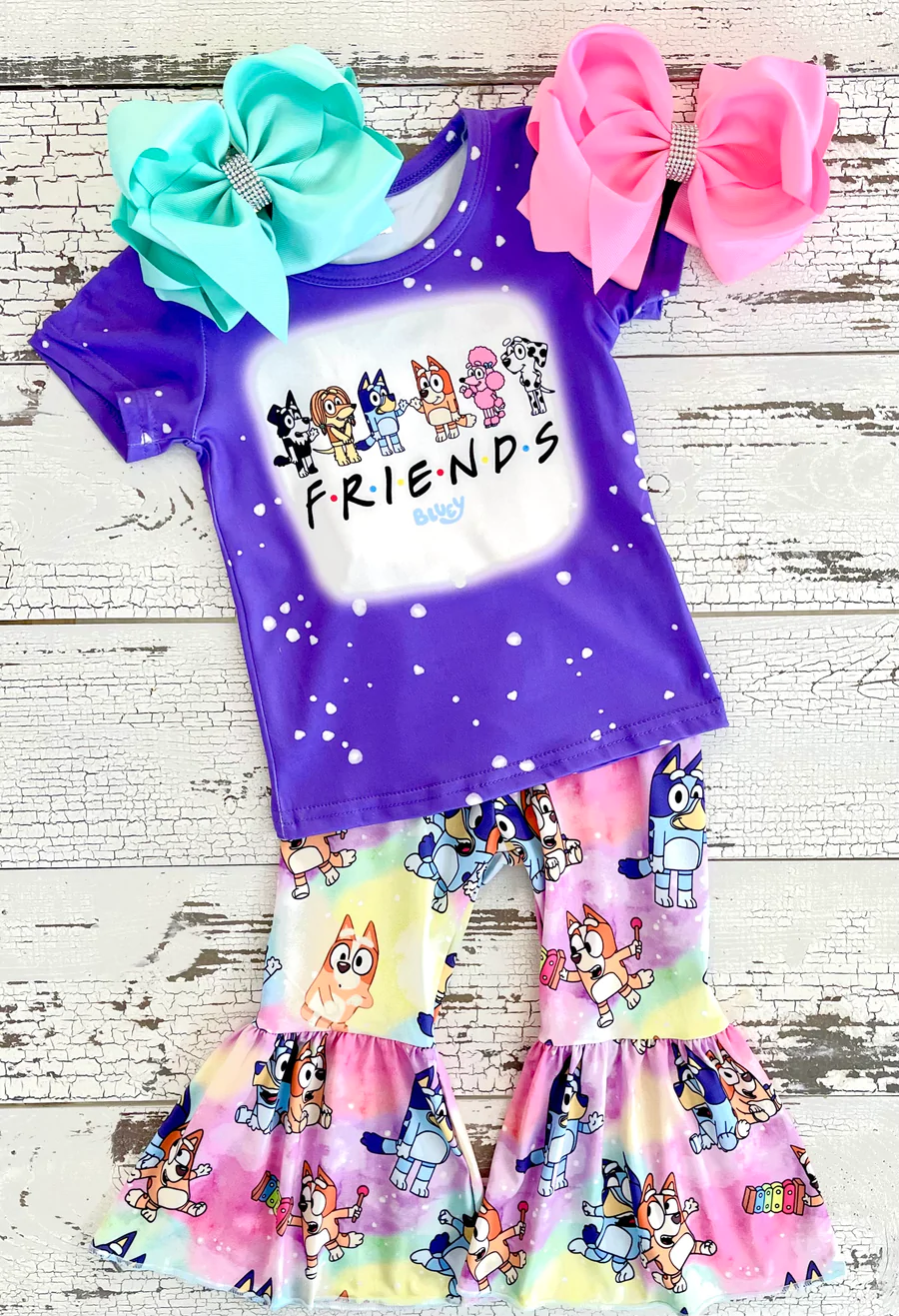 Girls short sleeve top cartoon dog design bell bottom pants outfits  GSPO0059