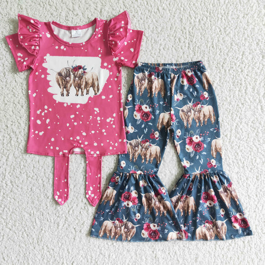 Girls highland cow flowers print bell pants outfits GSPO0090