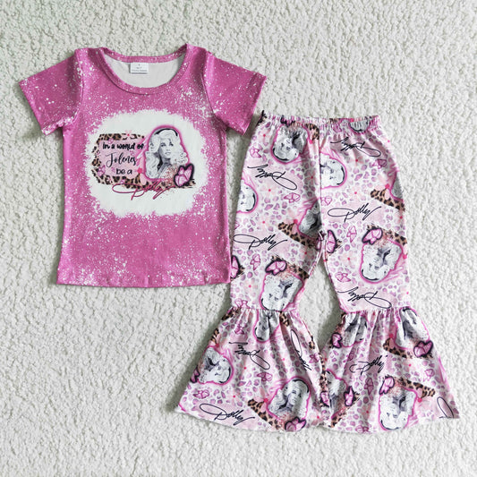 Girls pink singer print bell bottom pants outfits   GSPO0107