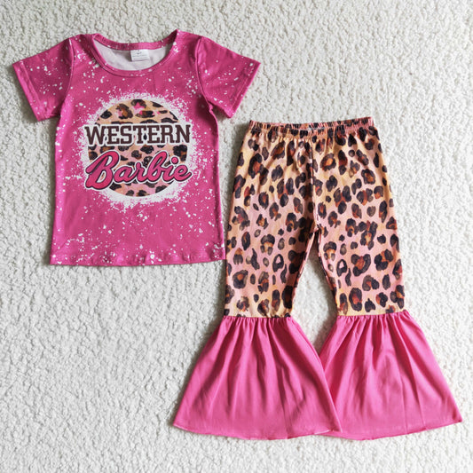 Girls hot pink leopard print bell pants western outfits   GSPO0125