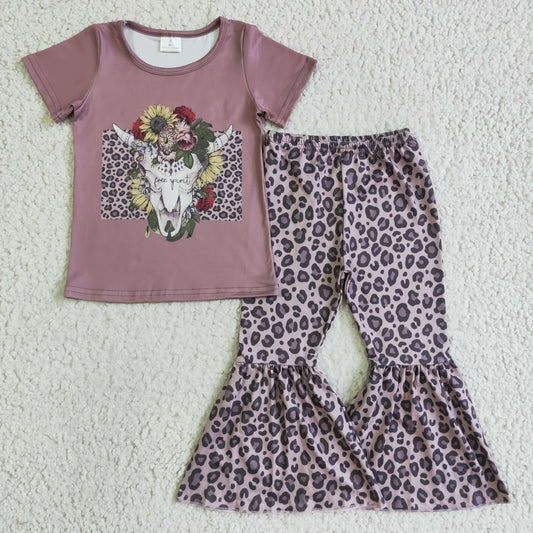 (Promotion)Girls cow skull flowers print leopard bell bottom pants outfits     GSPO0152