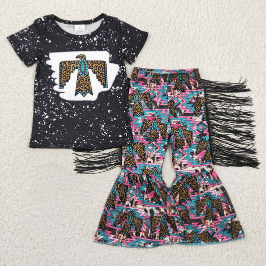 Girls short sleeve tassels bell bottom western outfits    GSPO0209