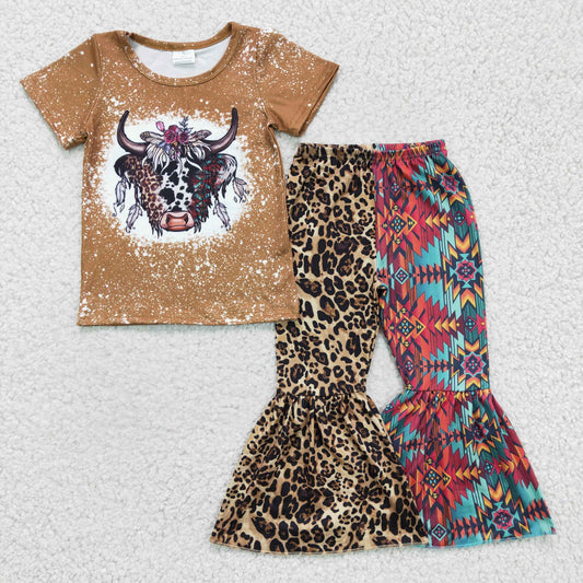 Girls highland cow print top leopard and aztec bell pants outfit    GSPO0263