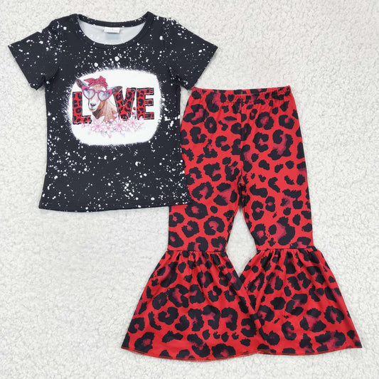 Girls goat design red leopard print bell pants outfit   GSPO0288