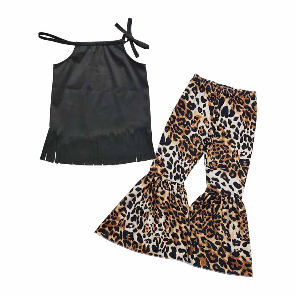 Girls black tassel top leopard print bell pants outfits    GSPO0302