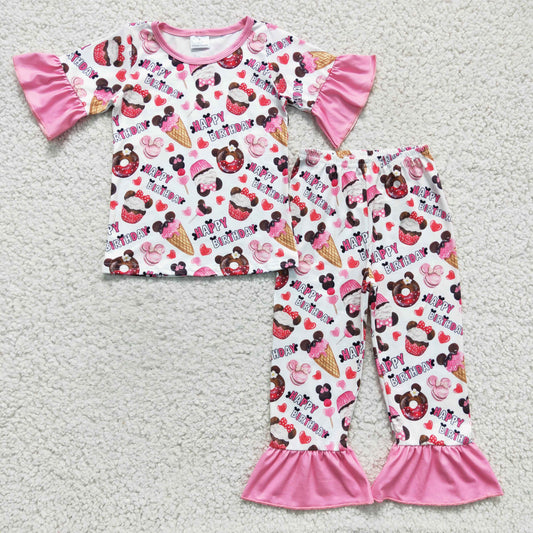 Girls cartoon print Happy Birthday pajama set  GSPO0306
