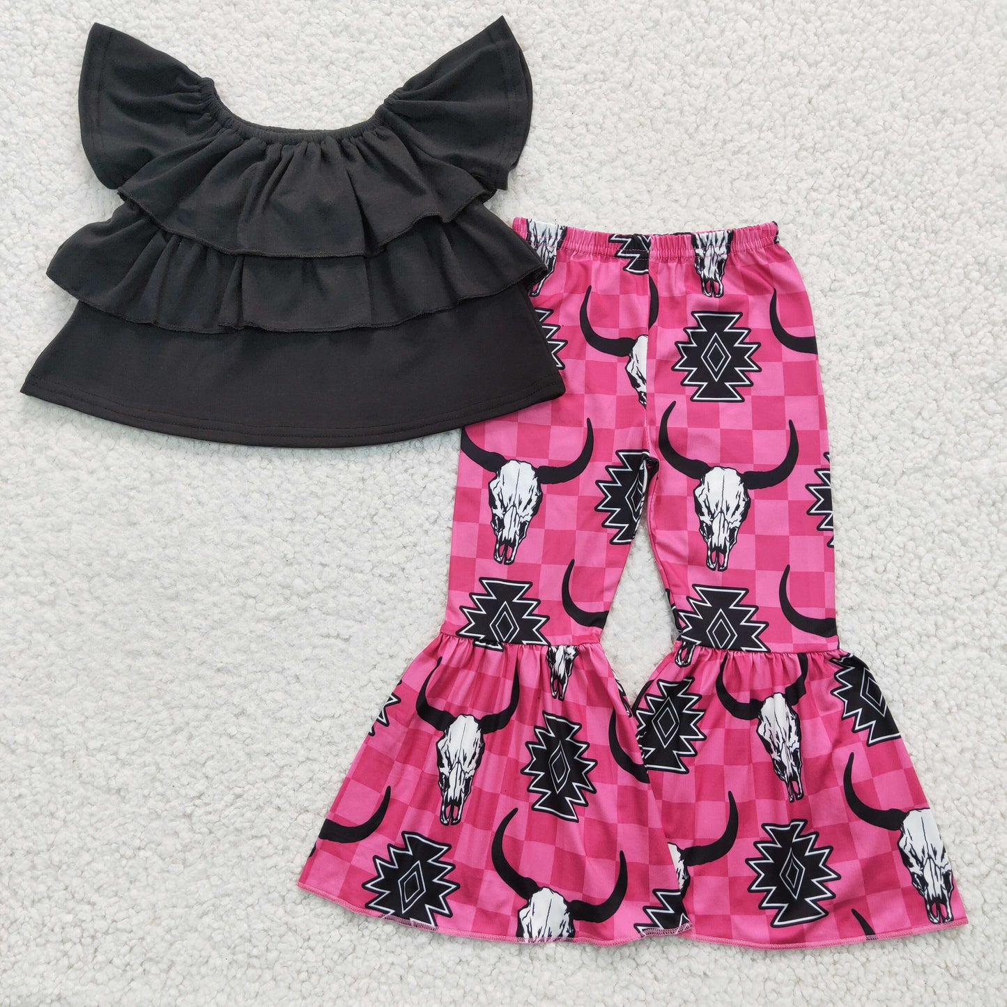 Girls black top cow print bell pants outfit   GSPO0314