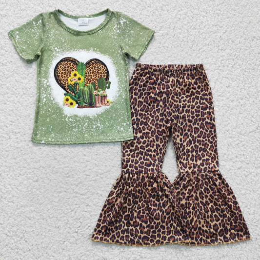 Girls short sleeve leopard cactus print outfit  GSPO0323