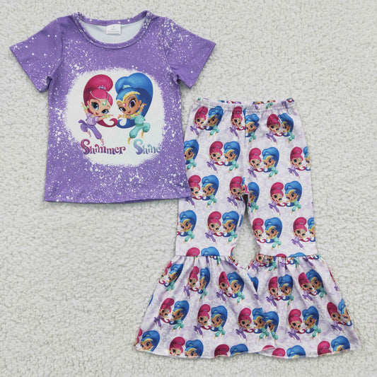 Girls short sleeve purple cartoon print outfit  GSPO0331