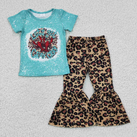 Girls blue top LET'S GET CRAY CRAY leopard bell bottom pants outfit  GSPO0333