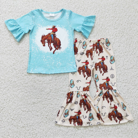 Girls blue western print bell pants outfit  GSPO0336