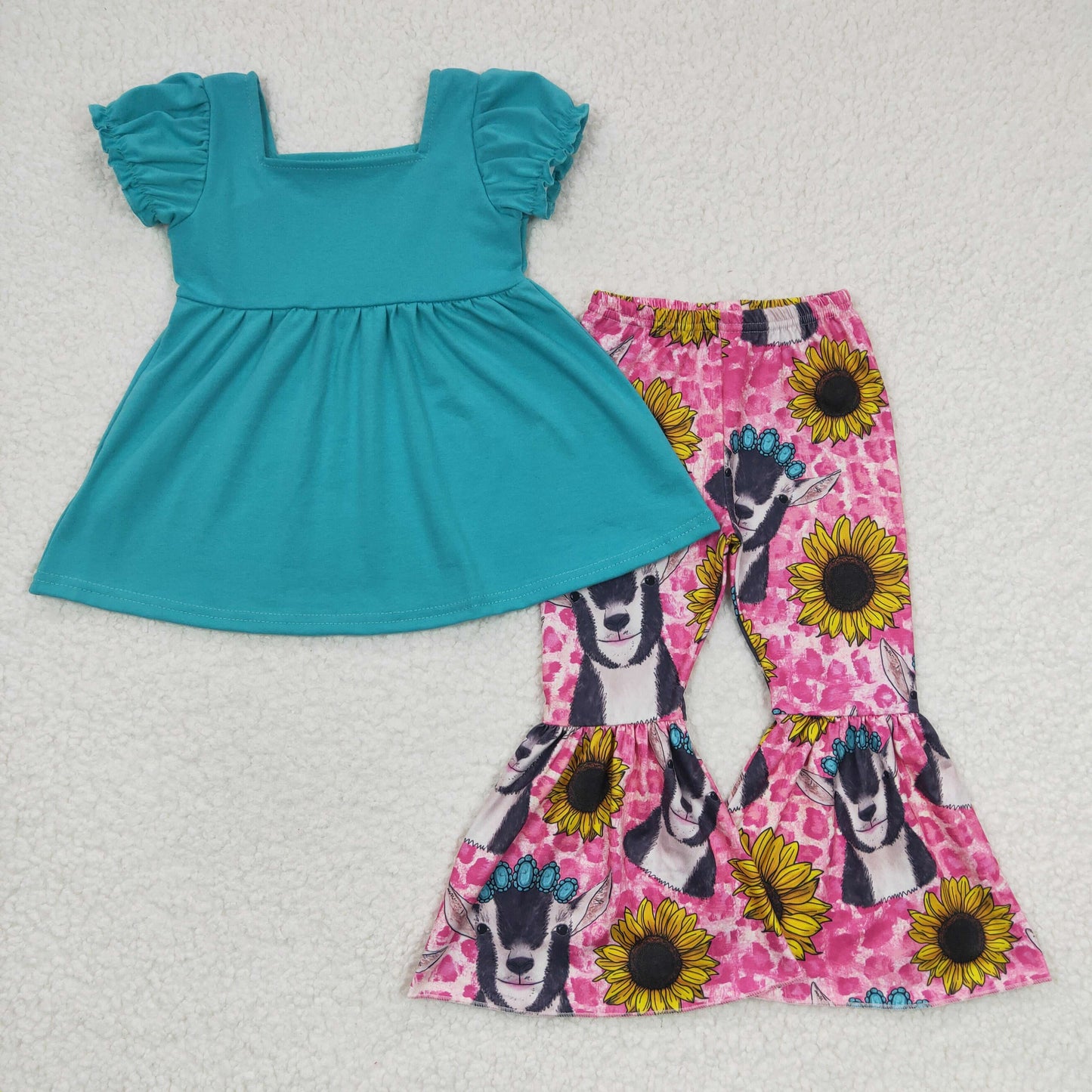 Girls blue top cow sunflower print outfit  GSPO0345