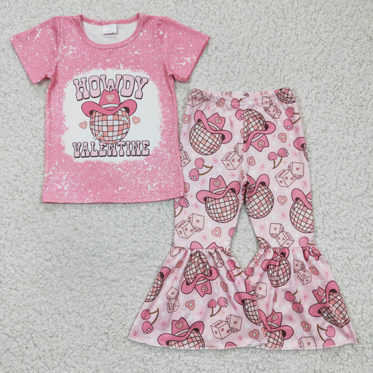 Girls pink HOWDY VALENTINE print bell pants outfit GSPO0364