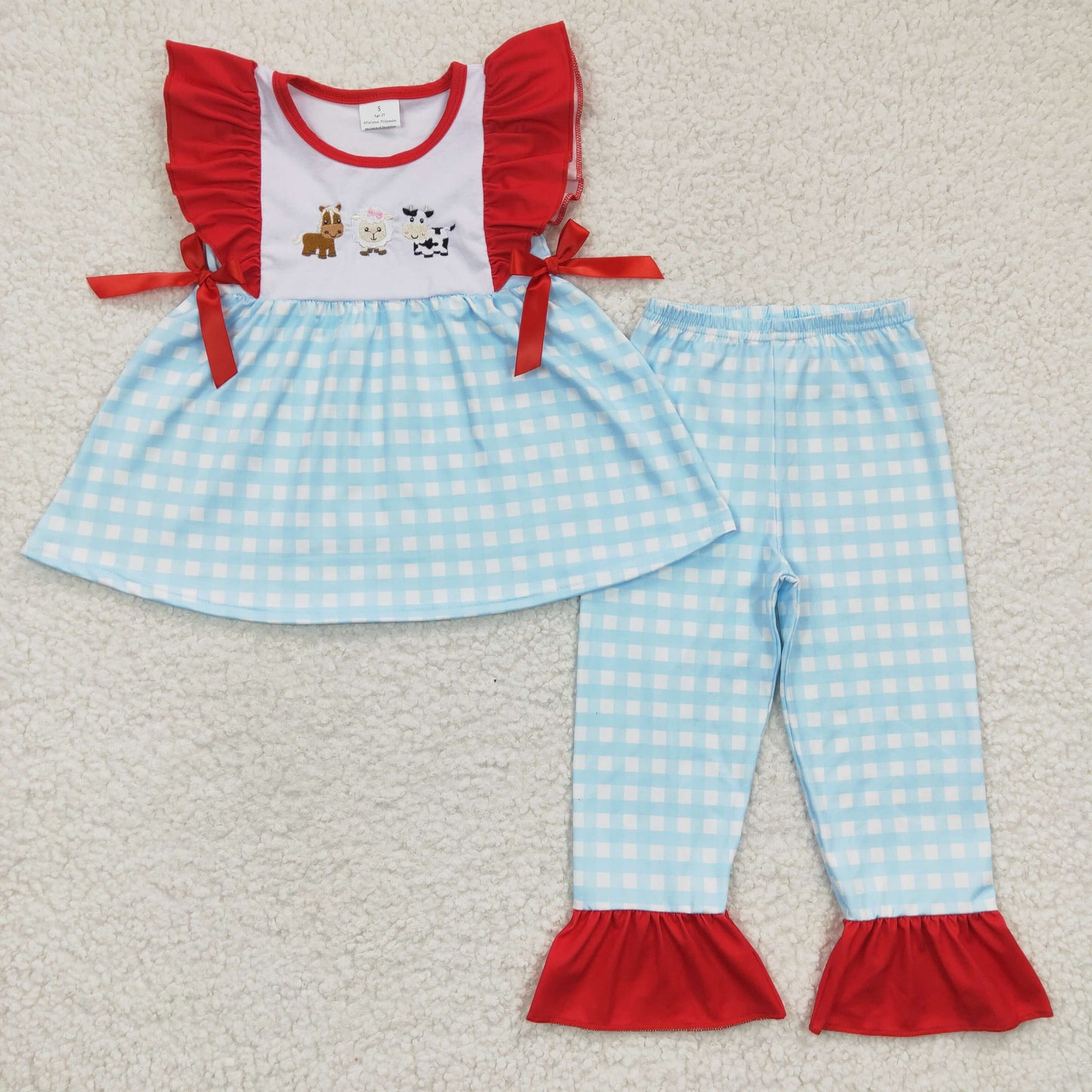 Girls Farm Animals embroidery print plaid pants outfit  GSPO0381