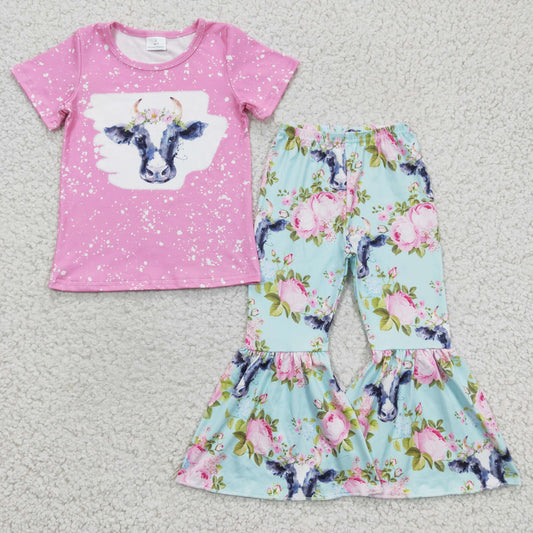 Girls cow flowers print outfits GSPO0395