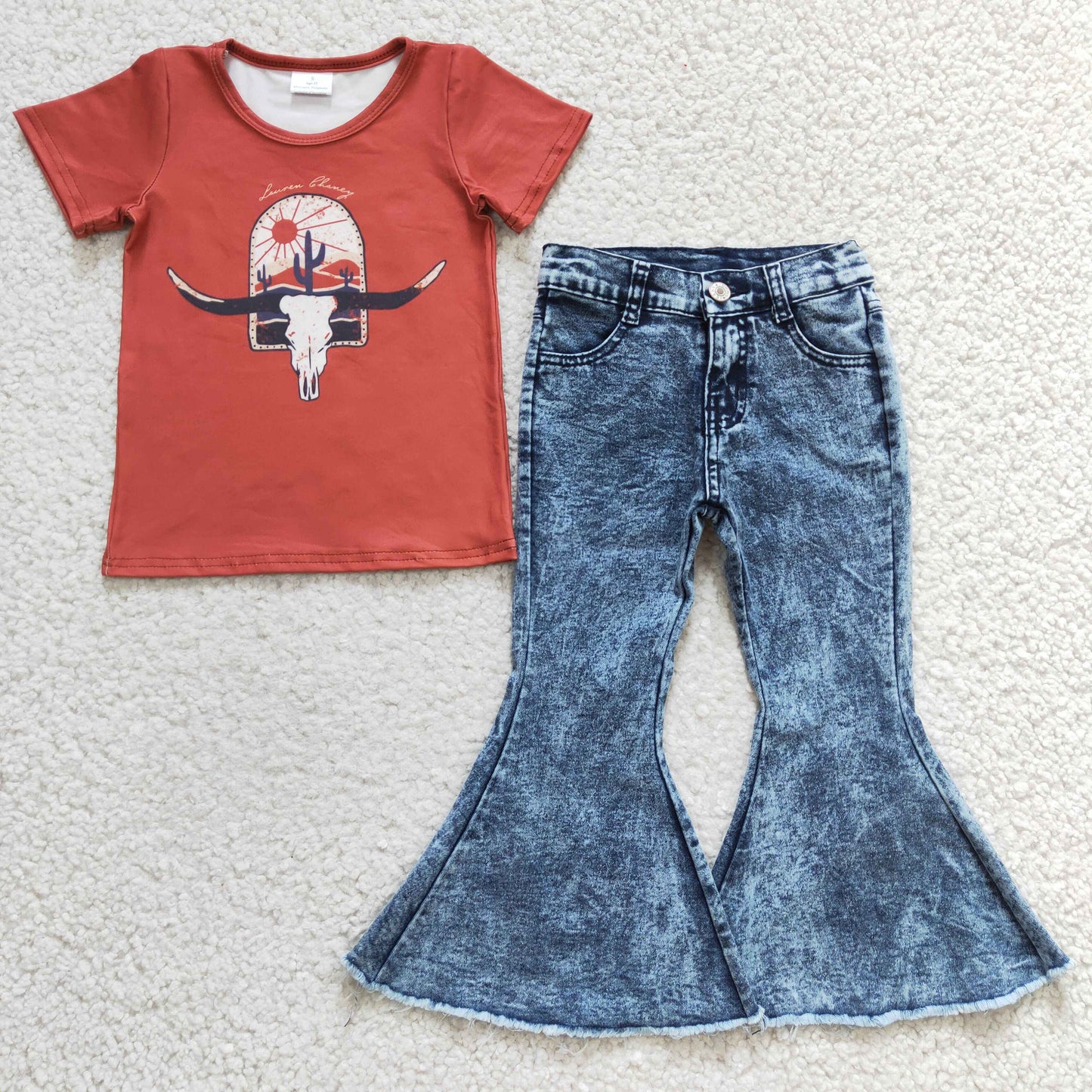 Girls Cow Skull Top Denim Pants outfits  GSPO0399