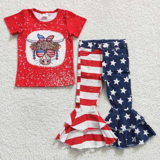 Girls cow 4th of July print Denim Pants outfits  GSPO0408