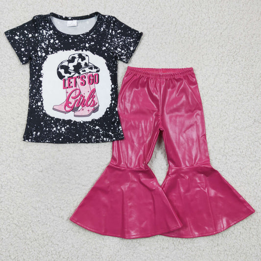 Let's go girls print top hot pink leather bell pants  outfits GSPO0442