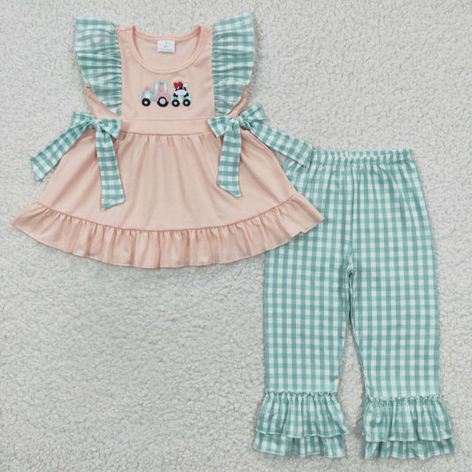 Girls Tractors cow print Green Plaid pants outfits GSPO0447