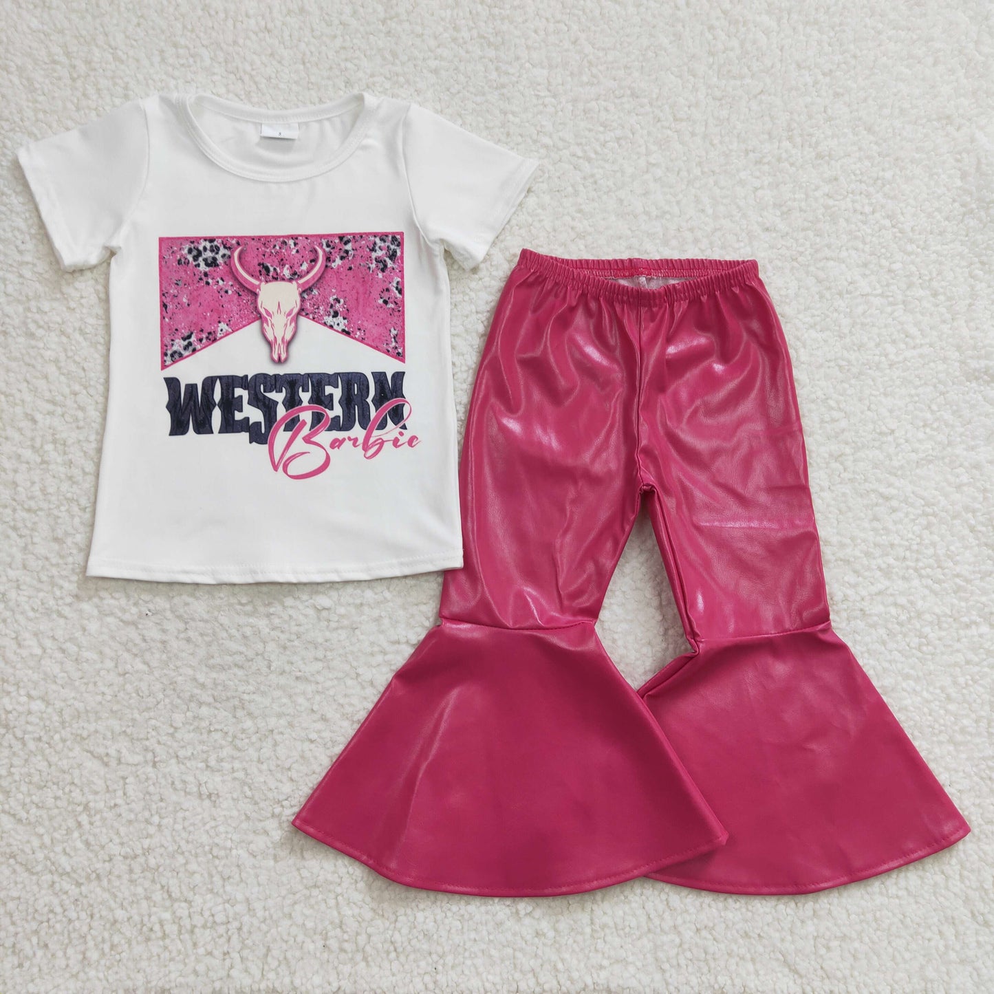 Girls western pink cow skull print top hot pink leather bell pants outfits GSPO0453