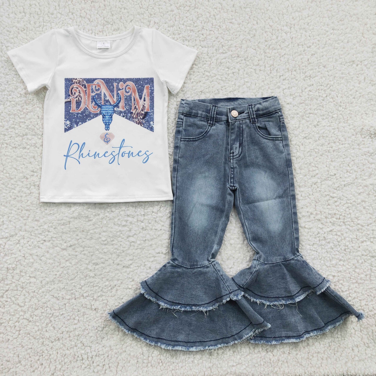 Girls blue cow skull print top Denim bell bottom Pants white belt 3 pcs outfits  GSPO0531