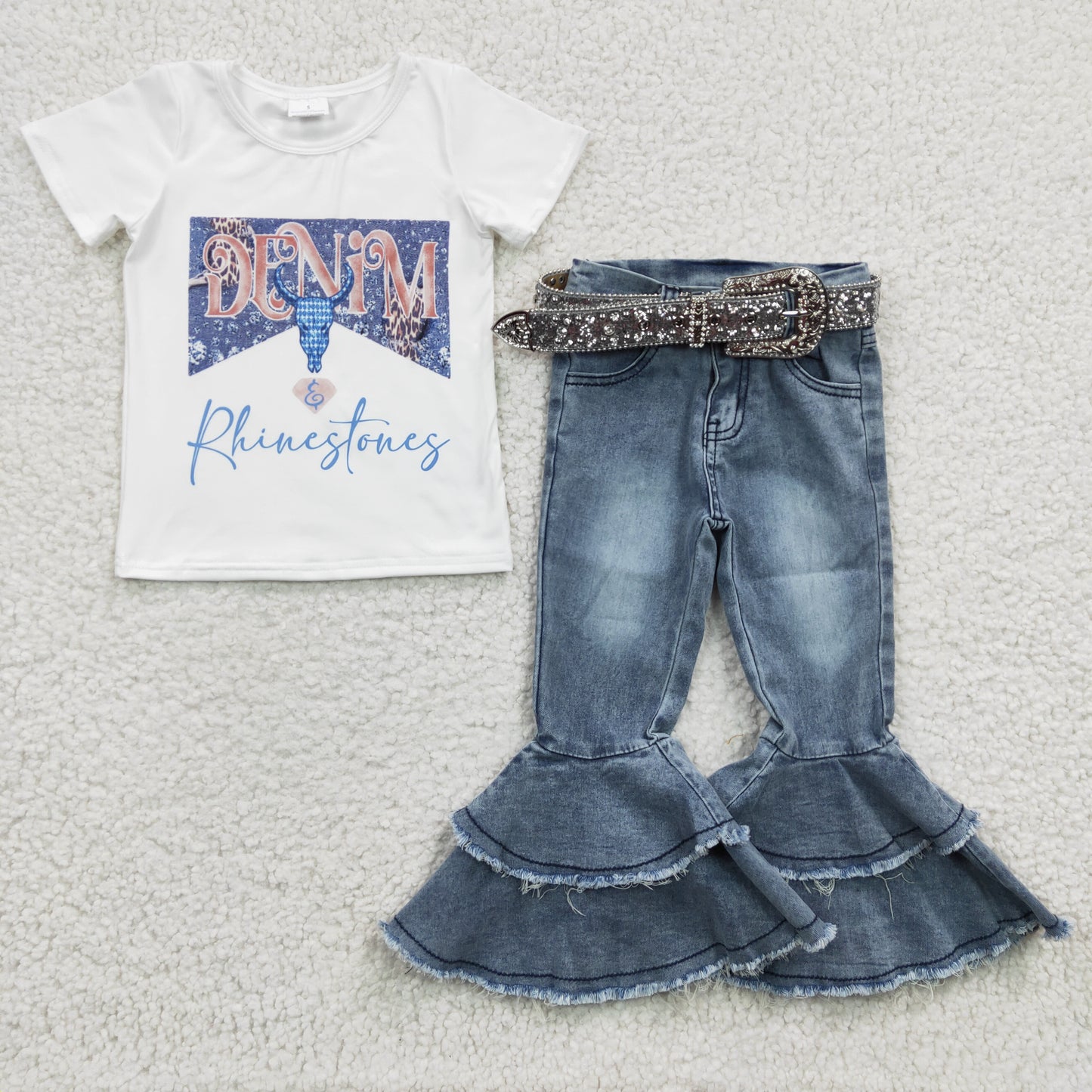 Girls blue cow skull print top Denim bell bottom Pants white belt 3 pcs outfits  GSPO0531