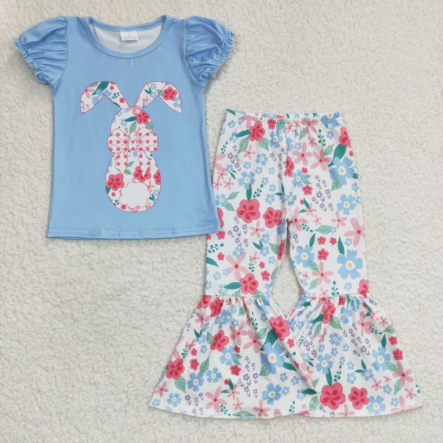 Bunny Flowers Print Girls Easter Clothes Set Sisters Outfits