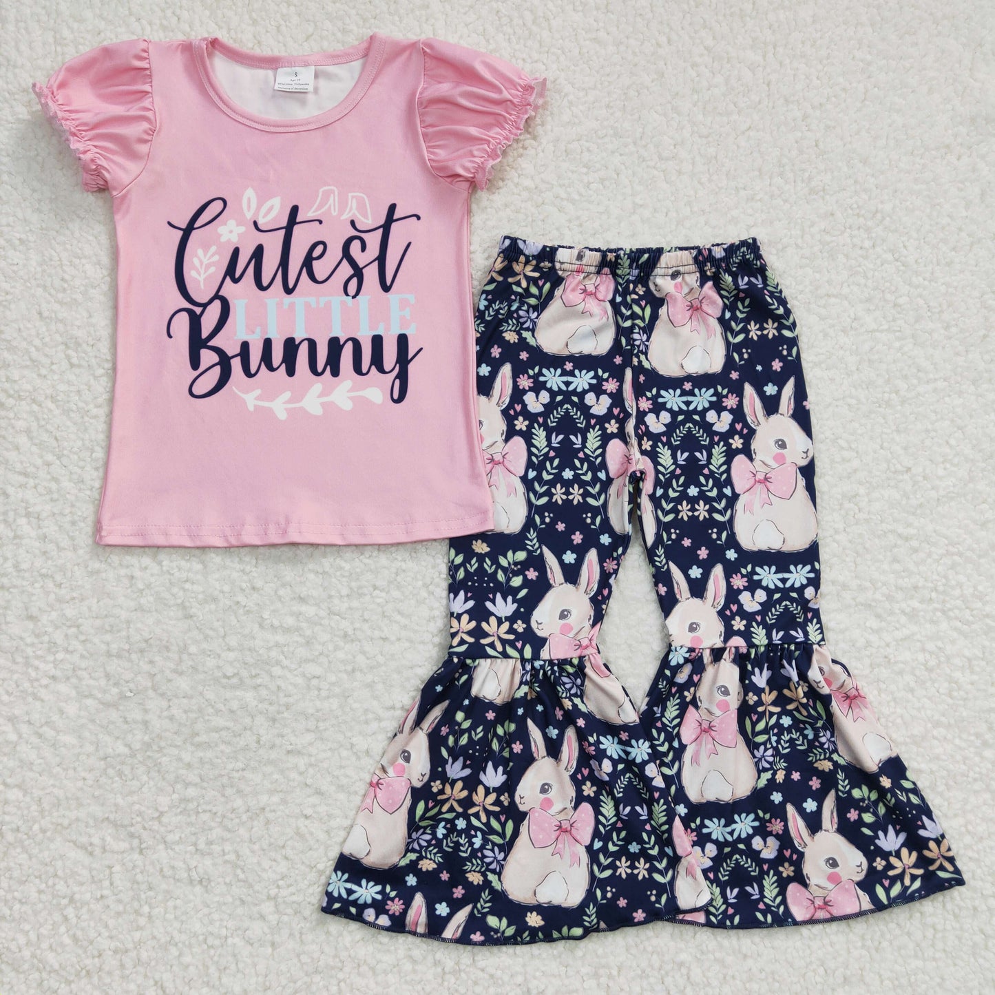 Bunny Flowers Print Girls Easter Clothes Set Sisters Outfits