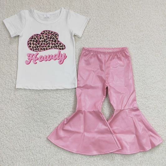 Girls western pink HOWDY print top pink leather bell pants outfits GSPO0470