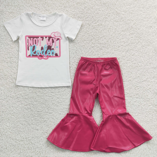 Girls western pink NOT MY RODEO print top hot pink leather bell pants outfits GSPO0471