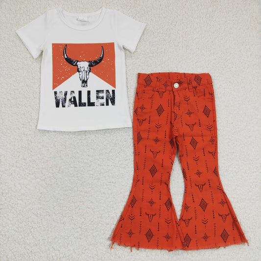 Girls WALLEN cow skull print top western Denim Pants outfits  GSPO0481