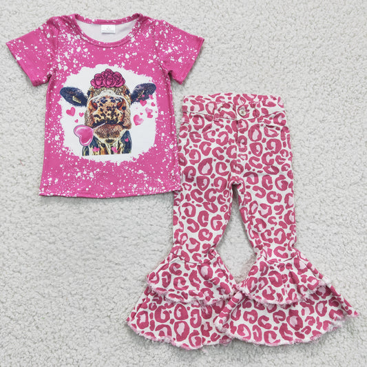 Girls hot pink cow heart print Valentine's Day top pink leopard denim pants outfits