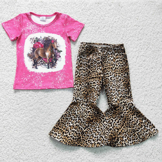 Girls hot pink horses print top leopard leather ruffle bell pants outfits GSPO0486