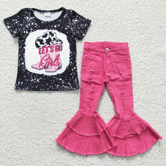 Let's go girls print top hot pink bell bottom denim pants western outfits GSPO0495