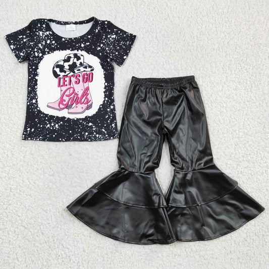 Let's go girls print top black leather bell pants  outfits GSPO0498