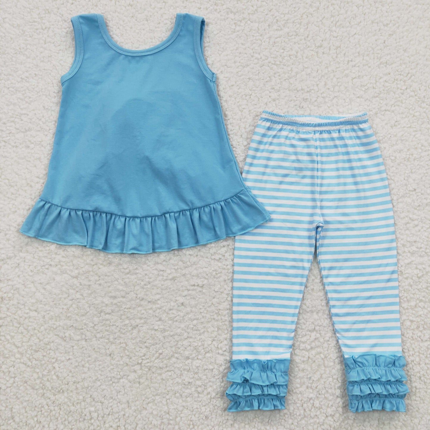 Girls blue sleeveless top stripes legging pants outfits   GSPO0505